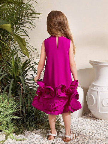 Young Girl Woven Solid Color Sleeveless Dress With Ruffle Detail And Loose Fit