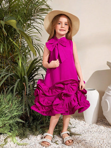 Young Girl Woven Solid Color Sleeveless Dress With Ruffle Detail And Loose Fit