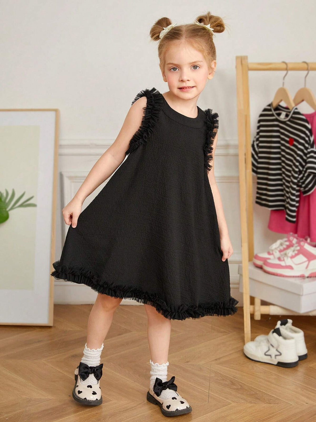 Young Girl Woven Solid Color Sleeveless Dress With Ruffles And Loose Fit