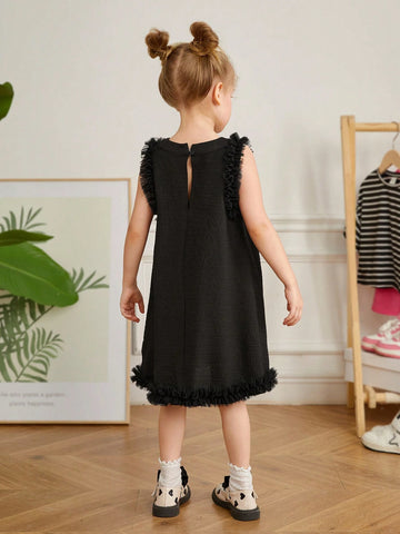 Young Girl Woven Solid Color Sleeveless Dress With Ruffles And Loose Fit