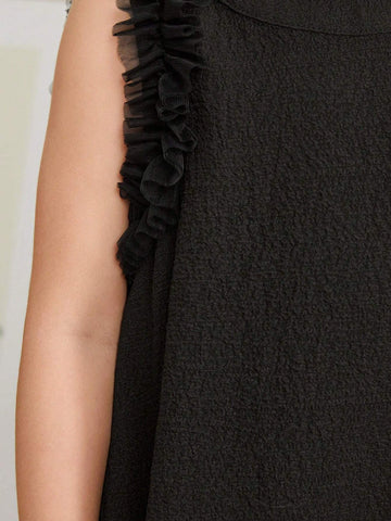 Young Girl Woven Solid Color Sleeveless Dress With Ruffles And Loose Fit