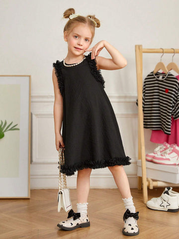 Young Girl Woven Solid Color Sleeveless Dress With Ruffles And Loose Fit
