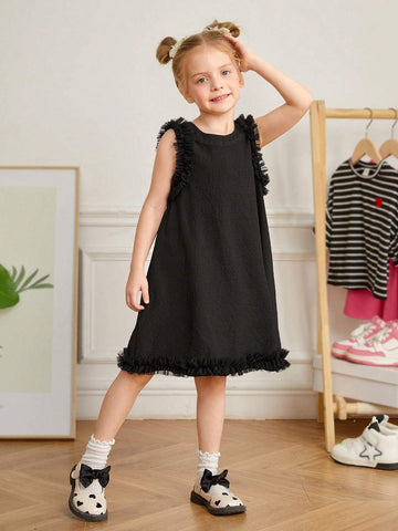 Young Girl Woven Solid Color Sleeveless Dress With Ruffles And Loose Fit