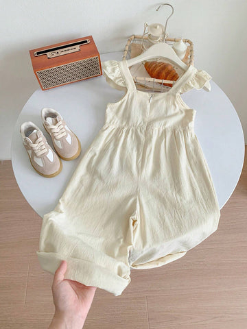 Young Girl Woven Solid Color Sleeveless Embroidered Loose Casual Strap Jumpsuit