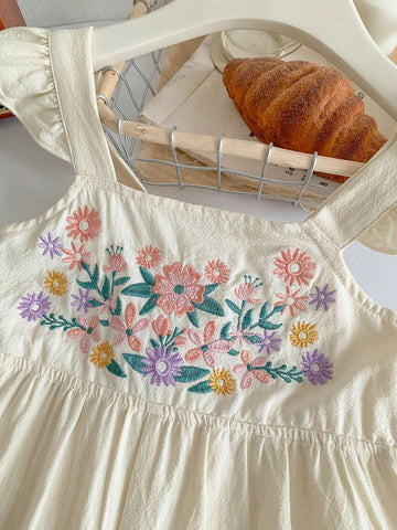 Young Girl Woven Solid Color Sleeveless Embroidered Loose Casual Strap Jumpsuit