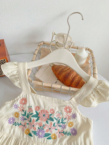 Young Girl Woven Solid Color Sleeveless Embroidered Loose Casual Strap Jumpsuit