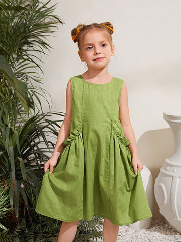 Young Girl Woven Solid Color Sleeveless Loose Casual Dress With Ruffled Hem And Drawstring Waist