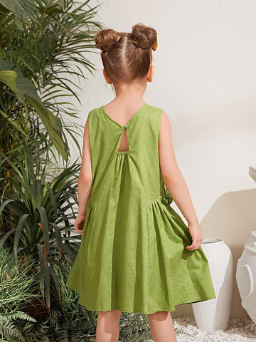 Young Girl Woven Solid Color Sleeveless Loose Casual Dress With Ruffled Hem And Drawstring Waist