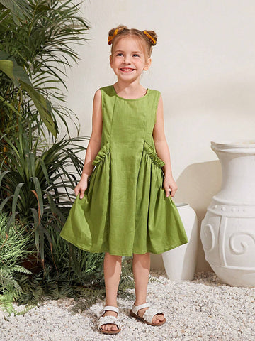 Young Girl Woven Solid Color Sleeveless Loose Casual Dress With Ruffled Hem And Drawstring Waist