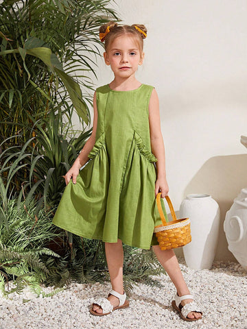 Young Girl Woven Solid Color Sleeveless Loose Casual Dress With Ruffled Hem And Drawstring Waist