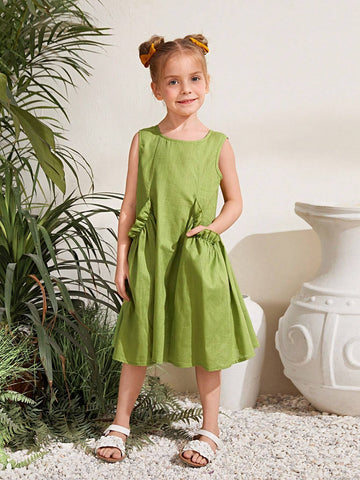 Young Girl Woven Solid Color Sleeveless Loose Casual Dress With Ruffled Hem And Drawstring Waist