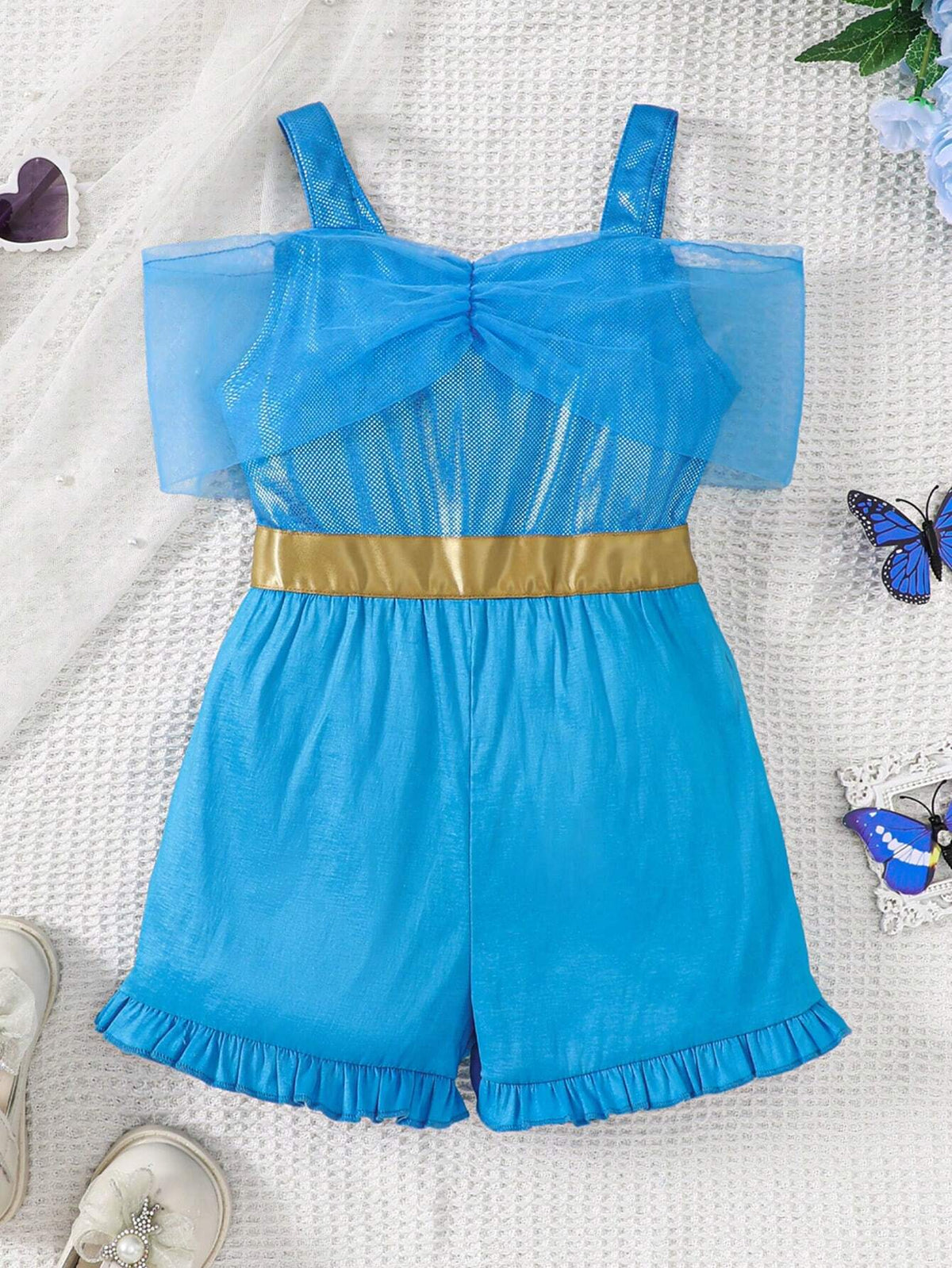 Young Girl Woven Solid Color Spaghetti Strap Romper, Casual
