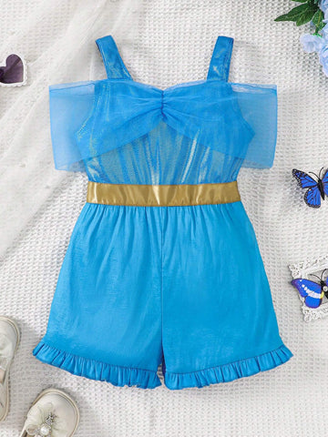 Young Girl Woven Solid Color Spaghetti Strap Romper, Casual