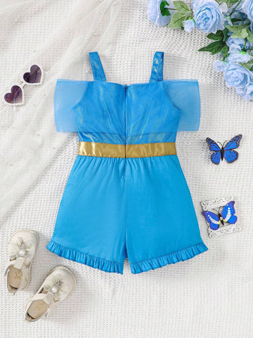 Young Girl Woven Solid Color Spaghetti Strap Romper, Casual