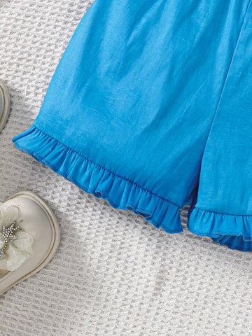 Young Girl Woven Solid Color Spaghetti Strap Romper, Casual