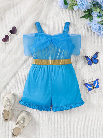 Young Girl Woven Solid Color Spaghetti Strap Romper, Casual