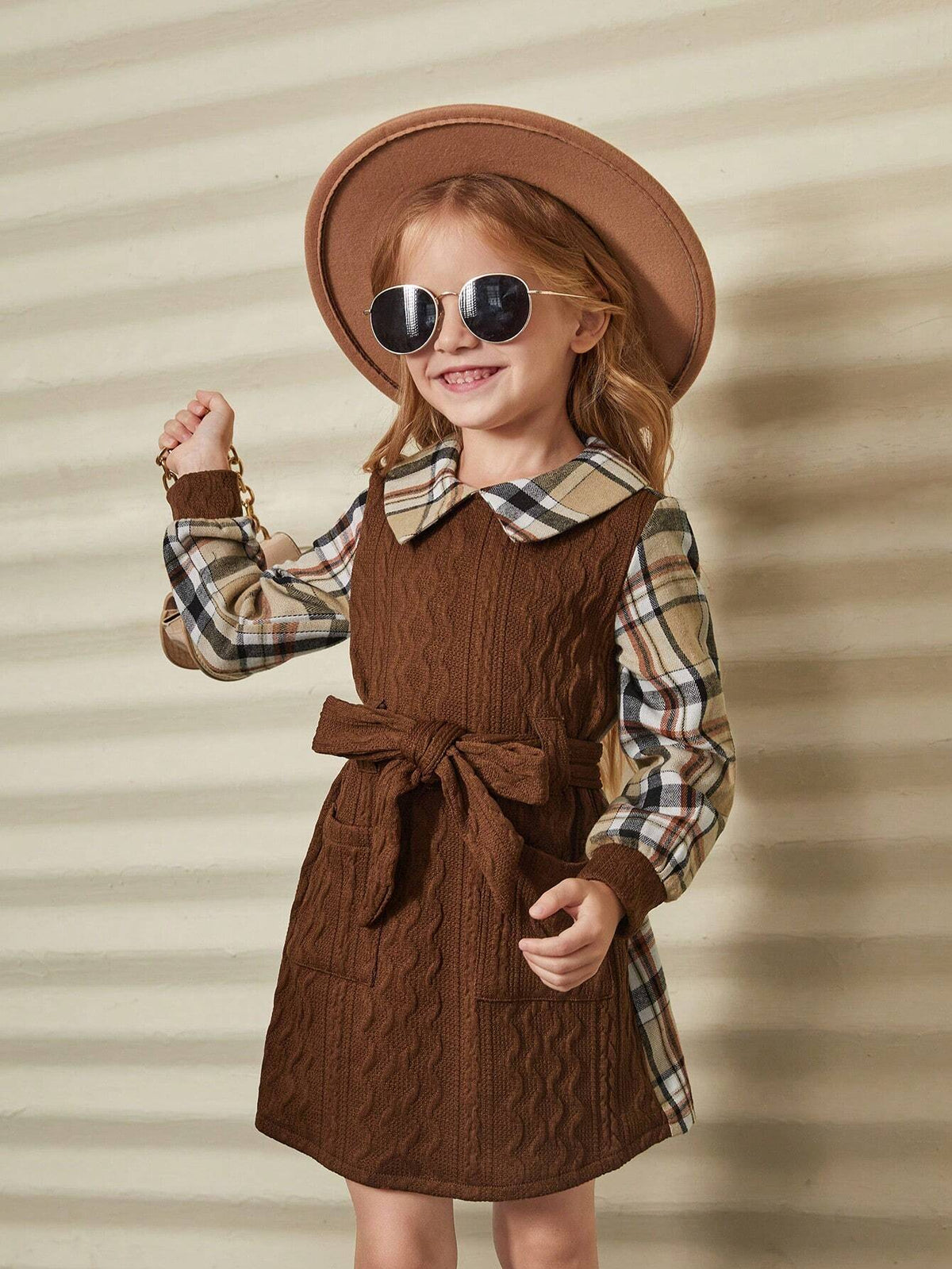 Young Girl Woven Solid Color Spliced Plaid Casual Dress