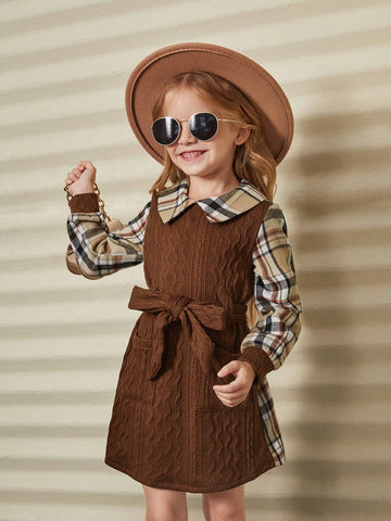 Young Girl Woven Solid Color Spliced Plaid Casual Dress