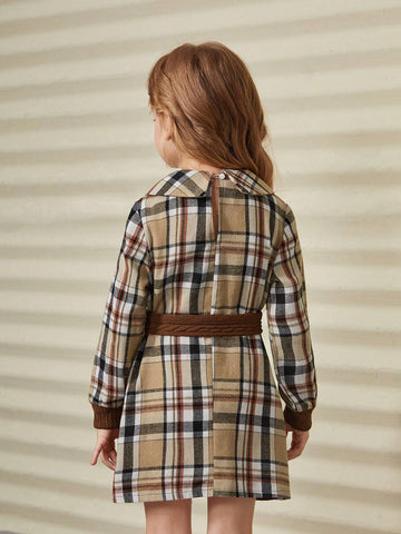 Young Girl Woven Solid Color Spliced Plaid Casual Dress