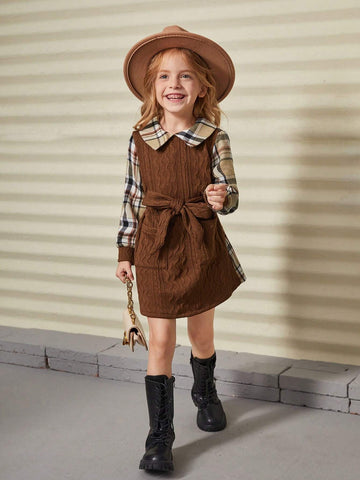 Young Girl Woven Solid Color Spliced Plaid Casual Dress