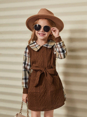Young Girl Woven Solid Color Spliced Plaid Casual Dress