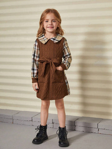 Young Girl Woven Solid Color Spliced Plaid Casual Dress