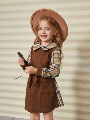 Young Girl Woven Solid Color Spliced Plaid Casual Dress
