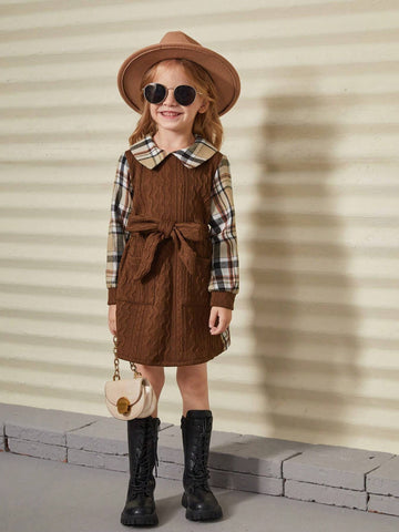 Young Girl Woven Solid Color Spliced Plaid Casual Dress