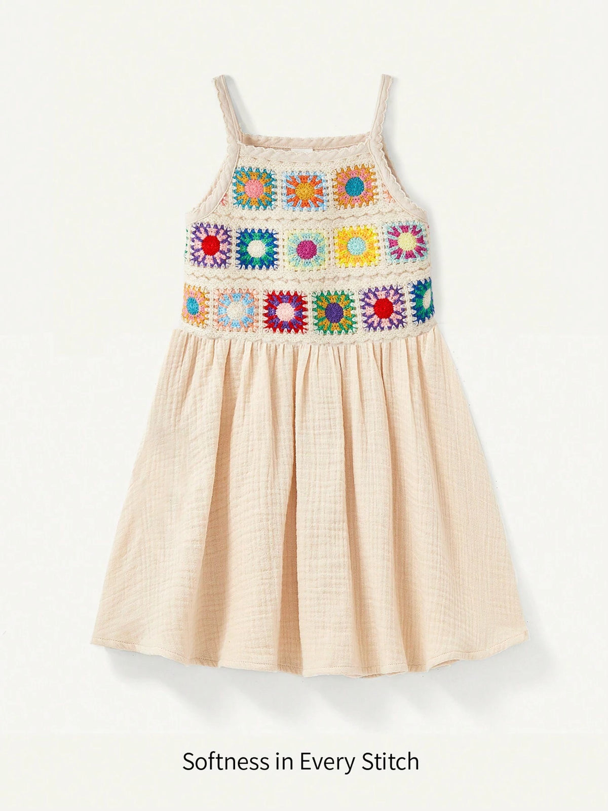 Young Girl Woven Solid Color Spliced With Colorful Straps Loose Casual Sleeveless Dress
