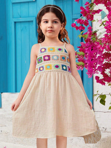 Young Girl Woven Solid Color Spliced With Colorful Straps Loose Casual Sleeveless Dress