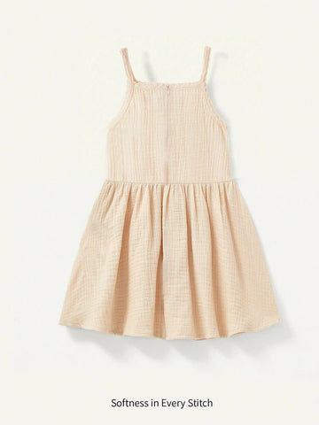 Young Girl Woven Solid Color Spliced With Colorful Straps Loose Casual Sleeveless Dress