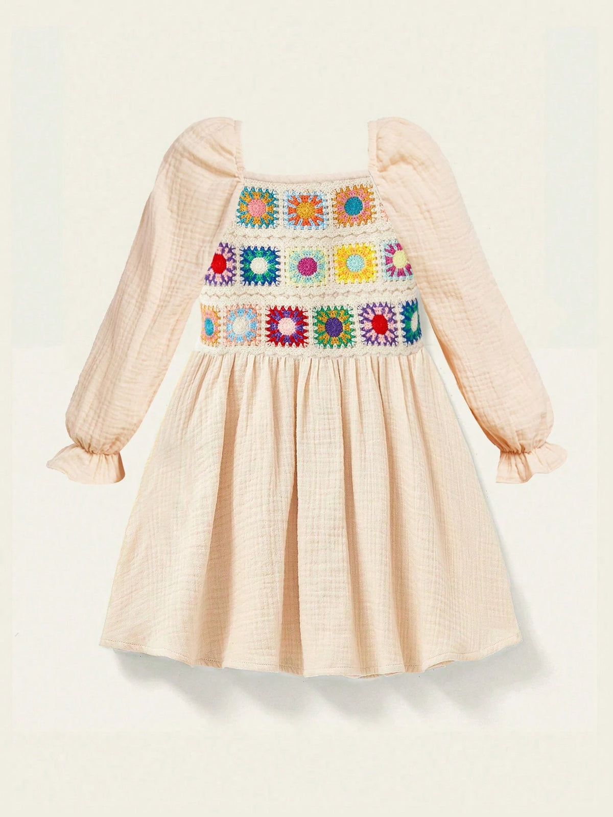 Young Girl Woven Solid Color Spliced With Colorful Straps Puff Sleeves Vocation Daily Long Sleeve Dress