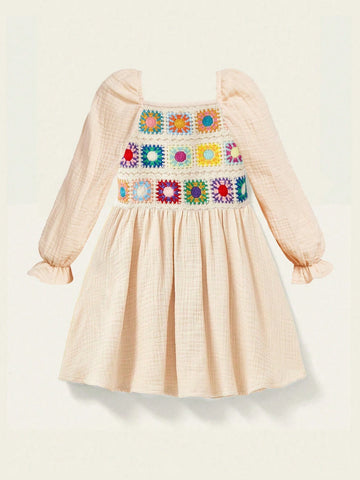 Young Girl Woven Solid Color Spliced With Colorful Straps Puff Sleeves Vocation Daily Long Sleeve Dress