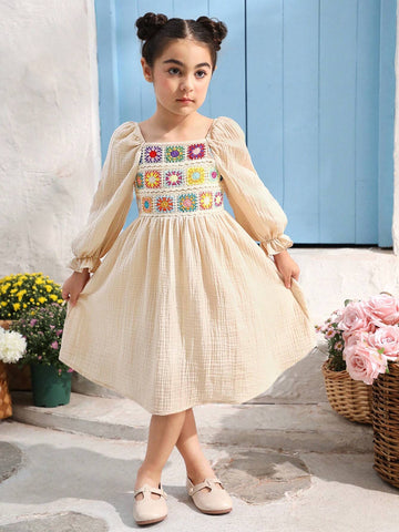 Young Girl Woven Solid Color Spliced With Colorful Straps Puff Sleeves Vocation Daily Long Sleeve Dress