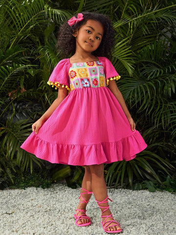 Young Girl Woven Solid Color Square Collar Patchwork Floral Slim Waist Casual Vacation Dress