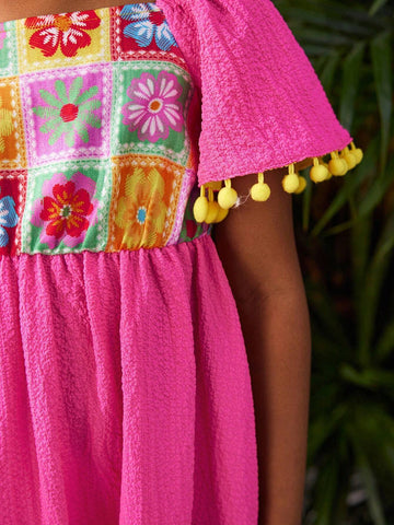 Young Girl Woven Solid Color Square Collar Patchwork Floral Slim Waist Casual Vacation Dress