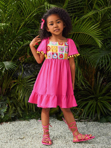 Young Girl Woven Solid Color Square Collar Patchwork Floral Slim Waist Casual Vacation Dress