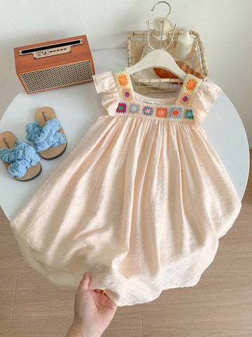 Young Girl Woven Solid Color Square Collar Stitching Geometric Weaving Belt Ruffled Hem Loose Casual Holiday Dress