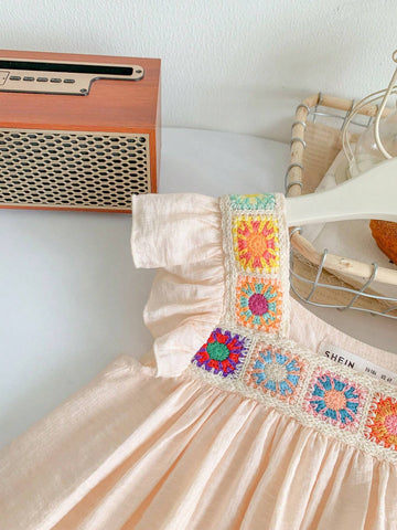 Young Girl Woven Solid Color Square Collar Stitching Geometric Weaving Belt Ruffled Hem Loose Casual Holiday Dress