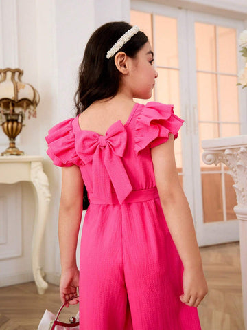 Young Girl Woven Solid Color Square Neck Jumpsuit With Bow And Petal Sleeves, Loose And Casual