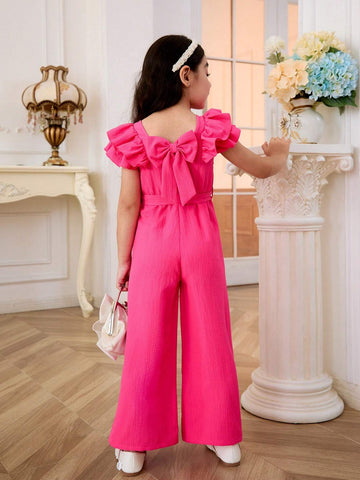Young Girl Woven Solid Color Square Neck Jumpsuit With Bow And Petal Sleeves, Loose And Casual