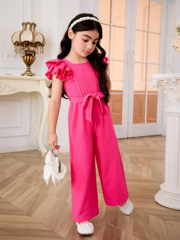 Young Girl Woven Solid Color Square Neck Jumpsuit With Bow And Petal Sleeves, Loose And Casual