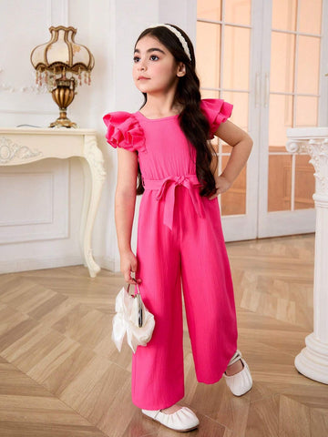 Young Girl Woven Solid Color Square Neck Jumpsuit With Bow And Petal Sleeves, Loose And Casual