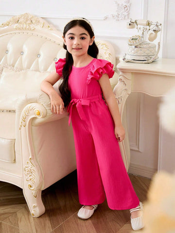 Young Girl Woven Solid Color Square Neck Jumpsuit With Bow And Petal Sleeves, Loose And Casual