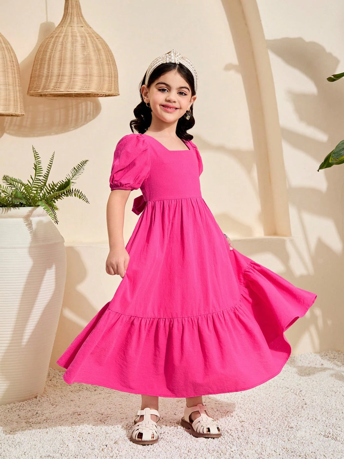Young Girl Woven Solid Color Square Neck Puff Sleeve Ruffe Hem Fitted A-Line Dress ,Back Big Bow Details , Ramandan Style , Spring/Summer