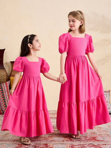 Young Girl Woven Solid Color Square Neck Puff Sleeve Ruffe Hem Fitted A-Line Dress ,Back Big Bow Details , Ramandan Style , Spring/Summer