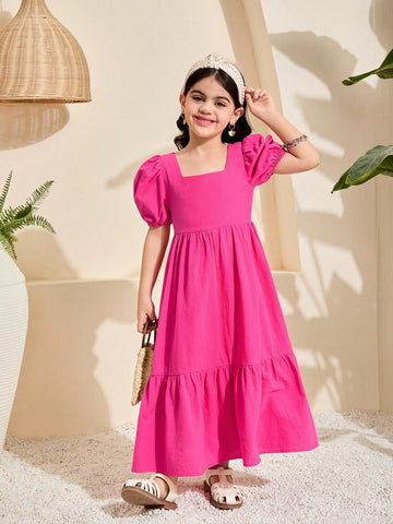 Young Girl Woven Solid Color Square Neck Puff Sleeve Ruffe Hem Fitted A-Line Dress ,Back Big Bow Details , Ramandan Style , Spring/Summer