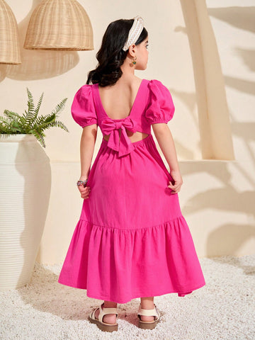 Young Girl Woven Solid Color Square Neck Puff Sleeve Ruffe Hem Fitted A-Line Dress ,Back Big Bow Details , Ramandan Style , Spring/Summer