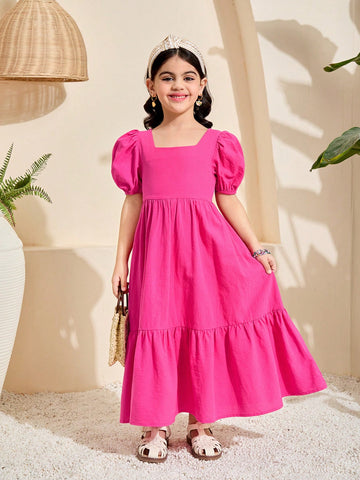 Young Girl Woven Solid Color Square Neck Puff Sleeve Ruffe Hem Fitted A-Line Dress ,Back Big Bow Details , Ramandan Style , Spring/Summer