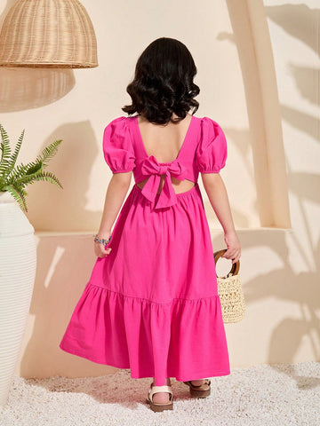 Young Girl Woven Solid Color Square Neck Puff Sleeve Ruffe Hem Fitted A-Line Dress ,Back Big Bow Details , Ramandan Style , Spring/Summer